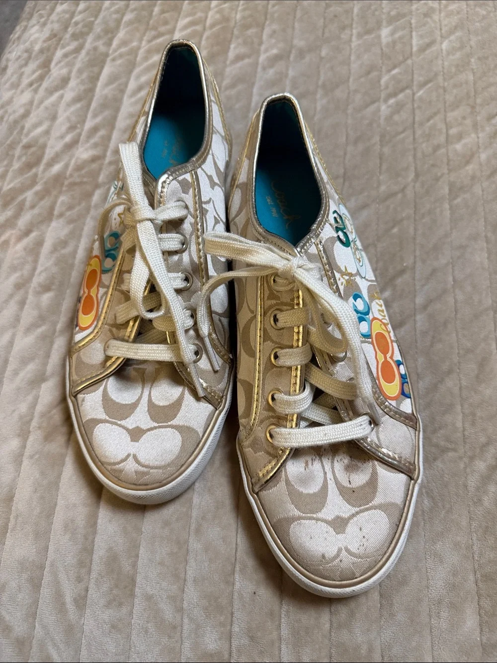 Coach Kids Cream Canvas Sneakers with Gold Trim and Multicolor Accents